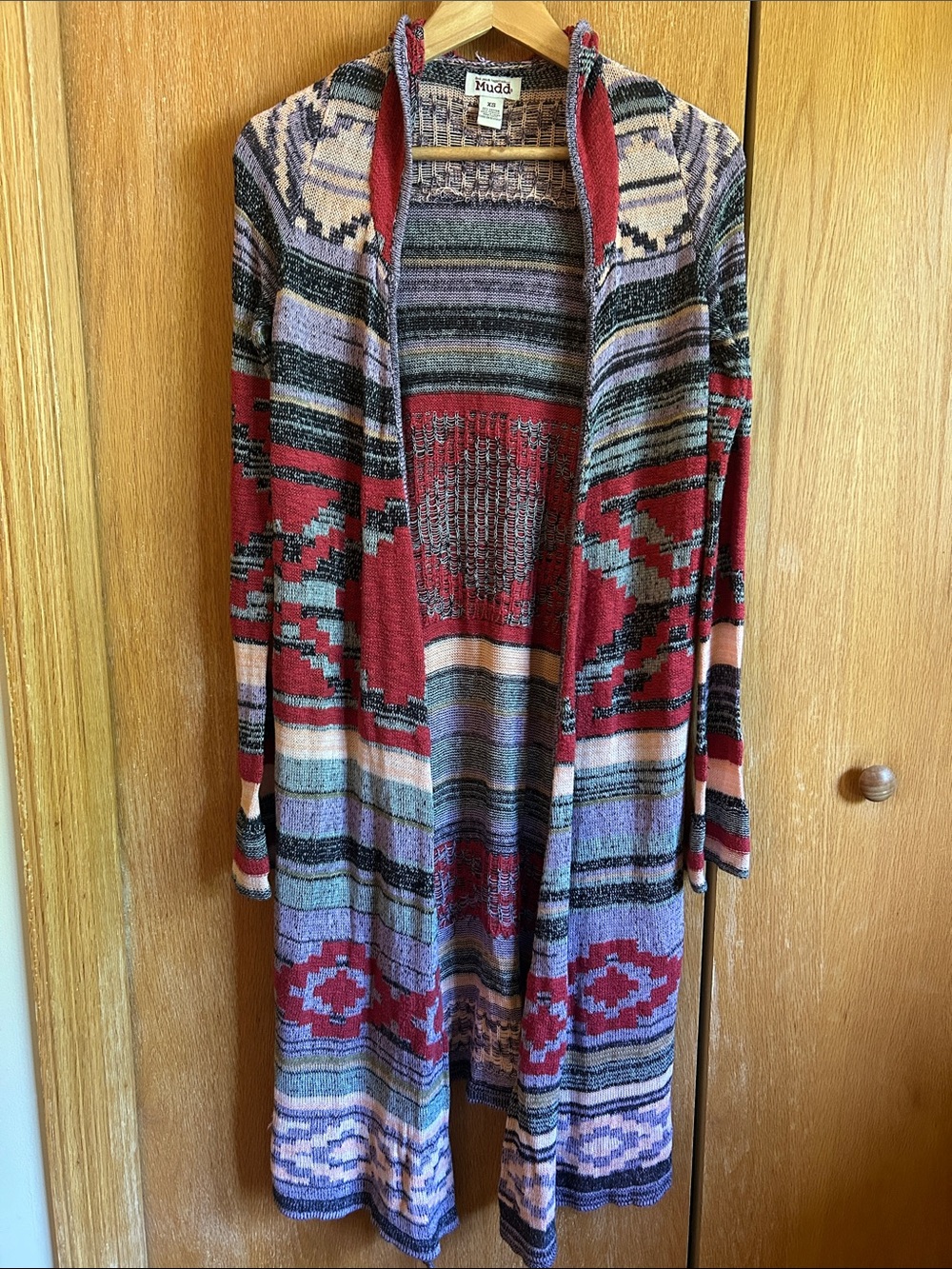 Mudd Y2K Aztec Patterned Hooded Maxi Cardigan Bell Sleeves